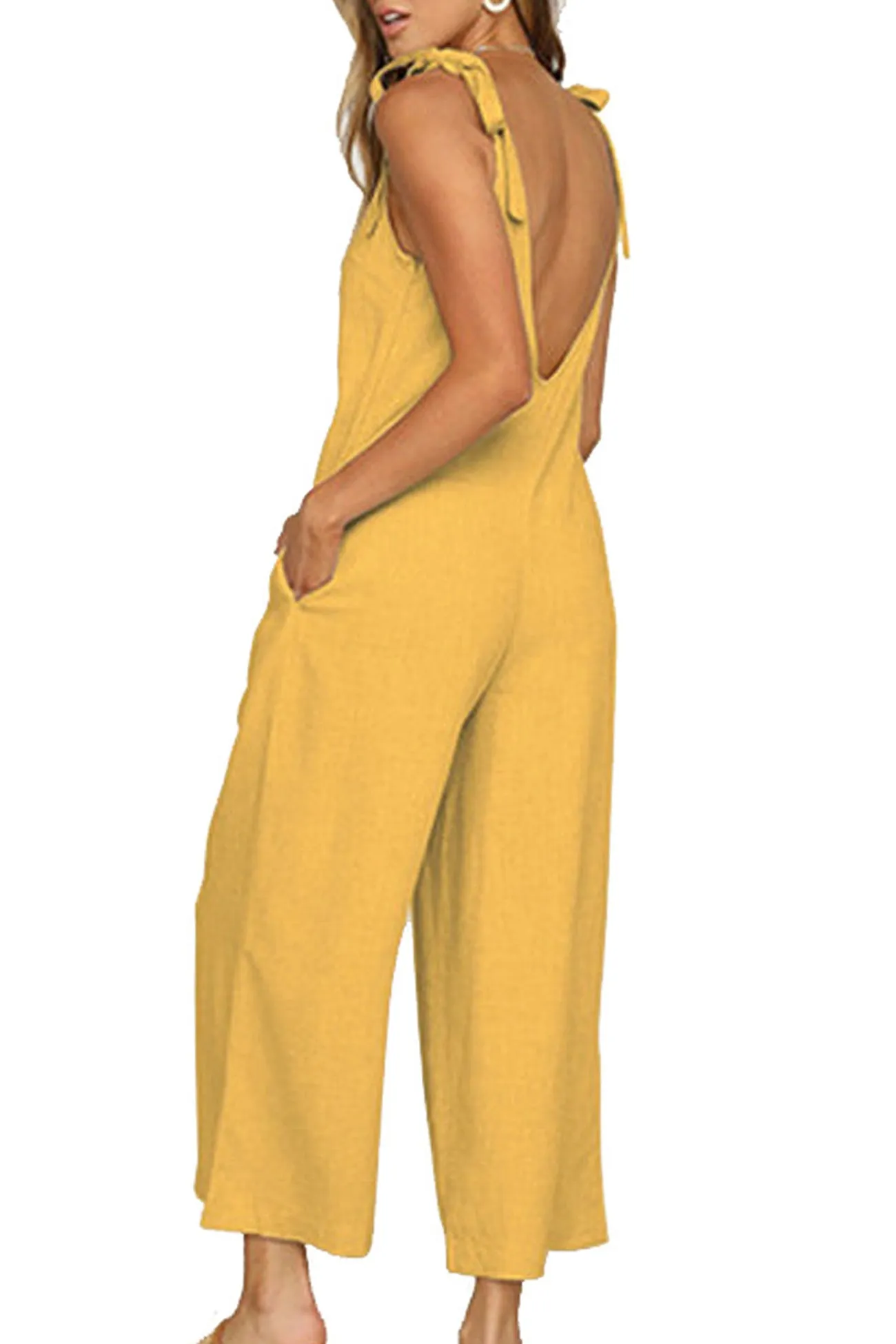 Tie-straps Backless Pocketed Cotton Jumpsuits