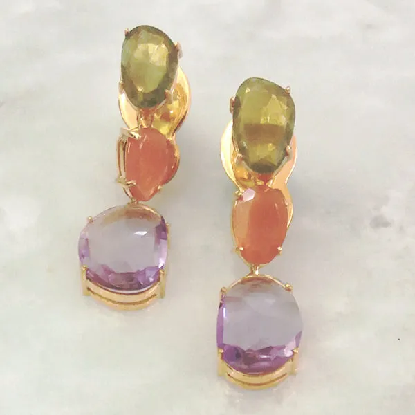 Vessonite Stud with Orange Moonstone & Amethyst Twinset Earrings