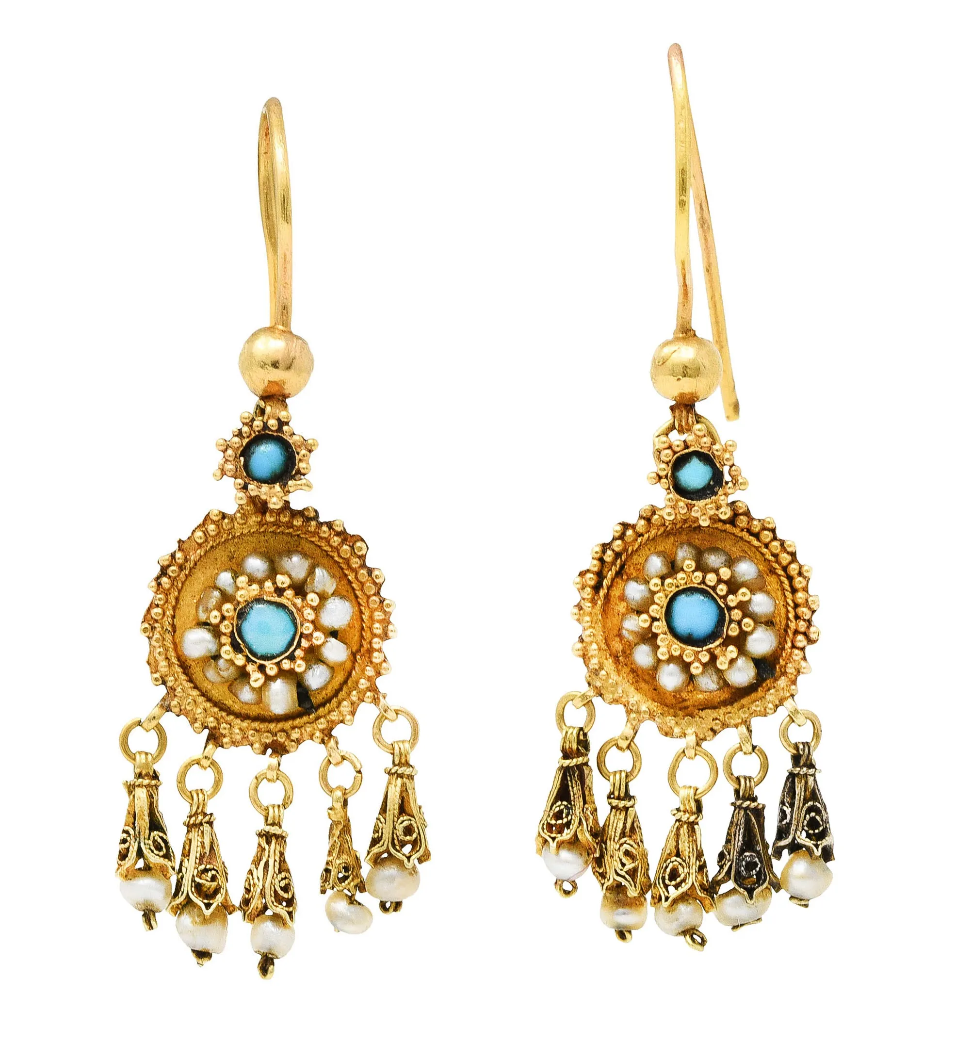 Victorian Etruscan Revival Turquoise Pearl 18 Karat Gold Drop Earrings