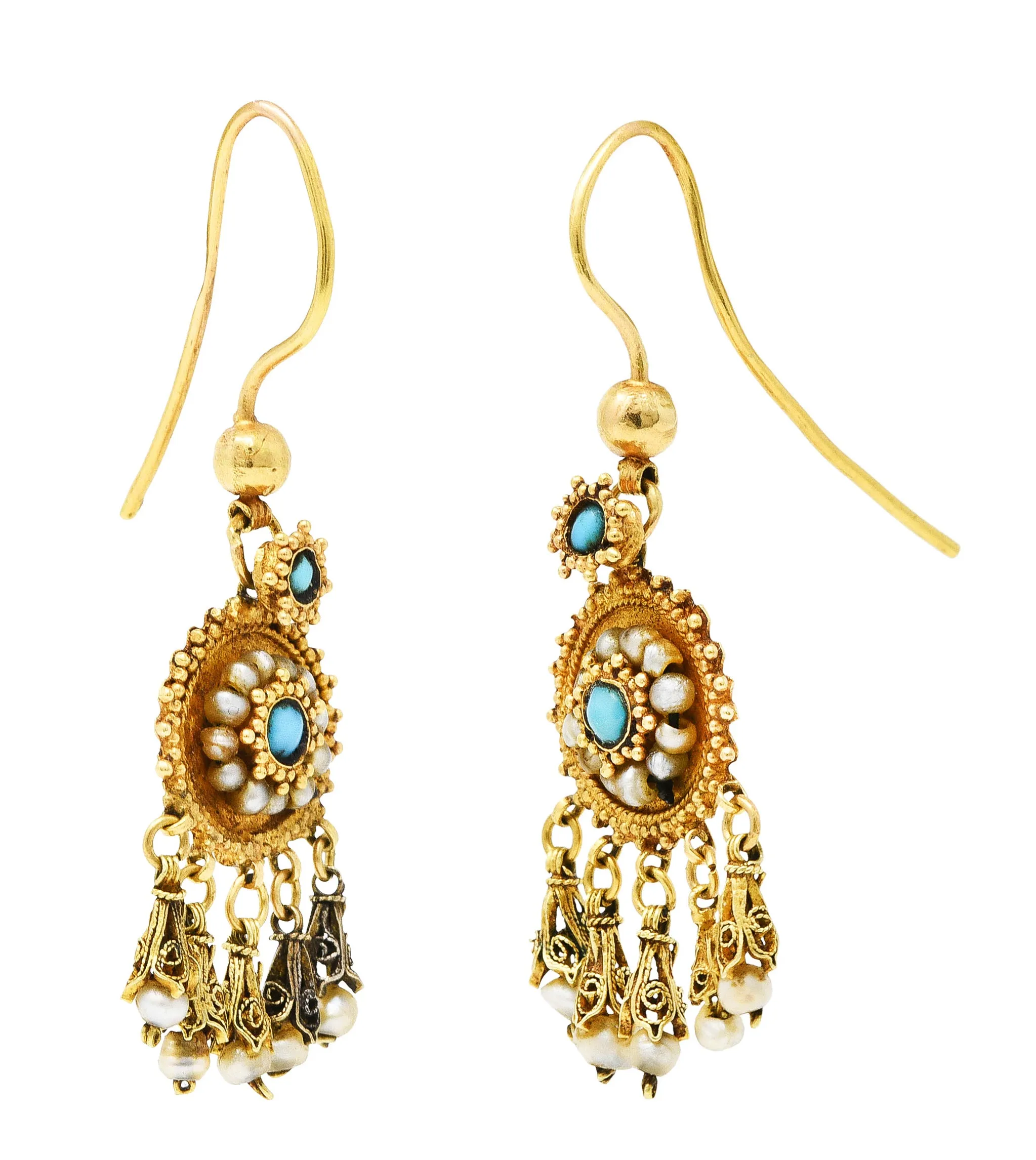 Victorian Etruscan Revival Turquoise Pearl 18 Karat Gold Drop Earrings