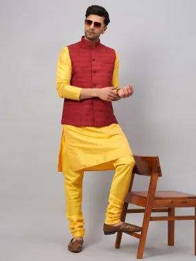 VM BY VASTRAMAY Men's Maroon Jacket With Yellow Kurta And Pyjama Set