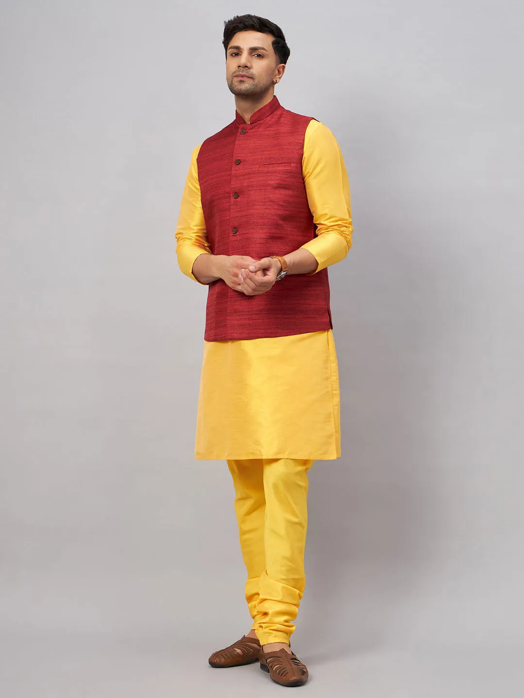 VM BY VASTRAMAY Men's Maroon Jacket With Yellow Kurta And Pyjama Set