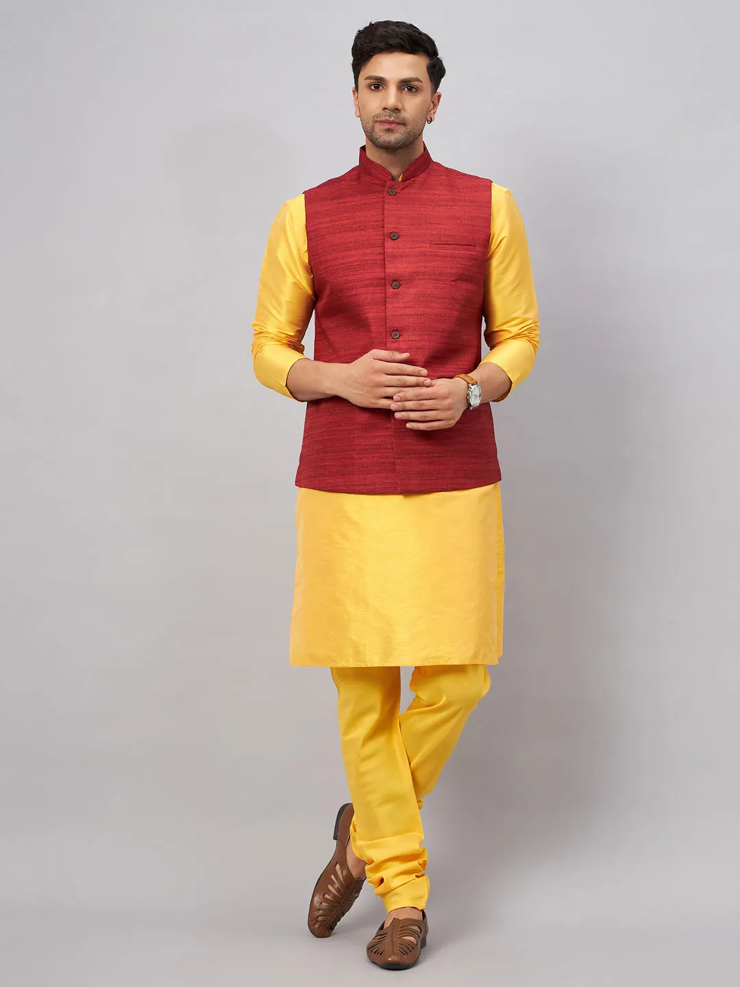 VM BY VASTRAMAY Men's Maroon Jacket With Yellow Kurta And Pyjama Set