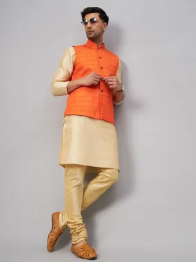 VM BY VASTRAMAY Men's Orange Jacket With Gold Kurta And Pyjama Set