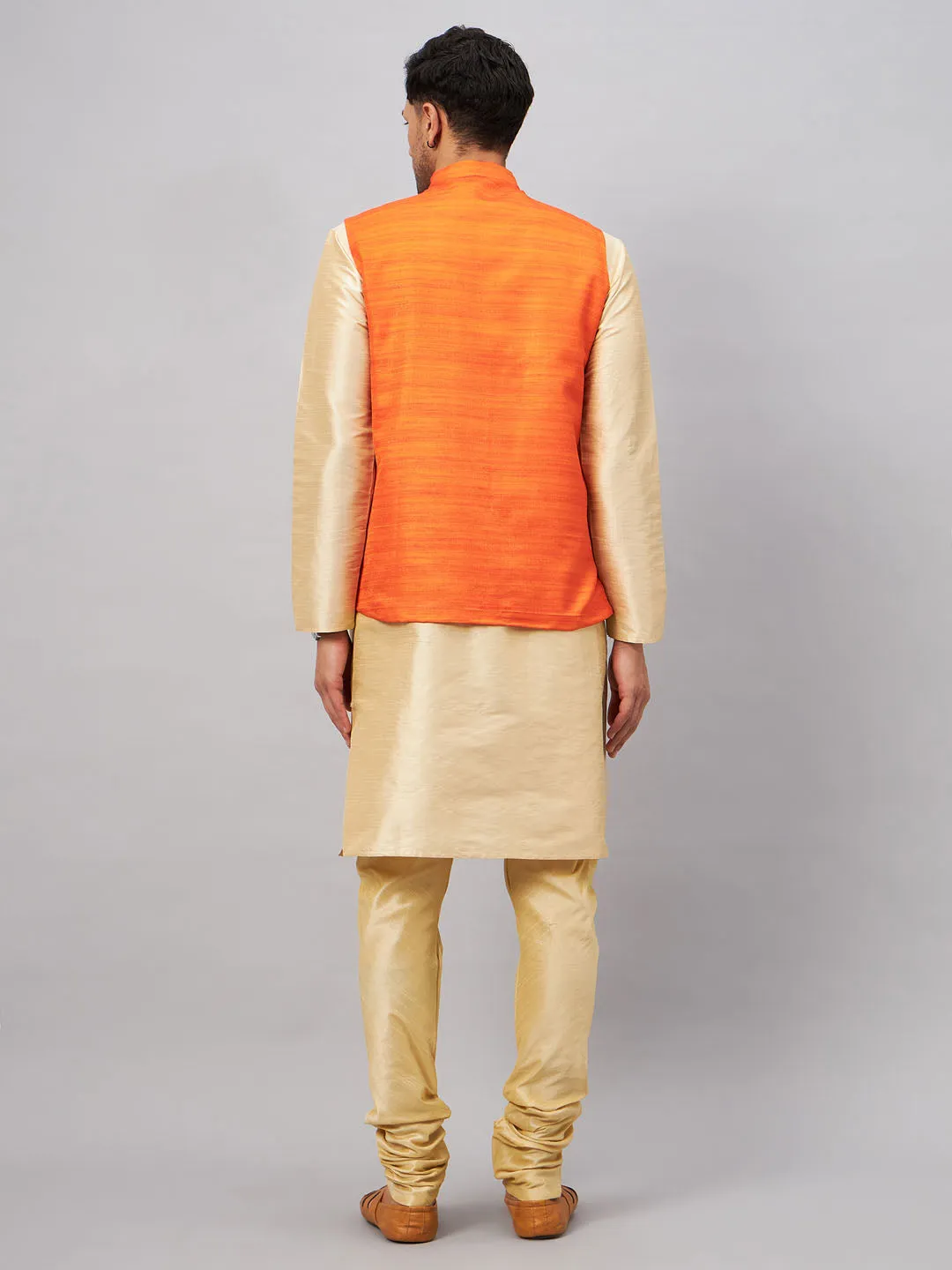 VM BY VASTRAMAY Men's Orange Jacket With Gold Kurta And Pyjama Set