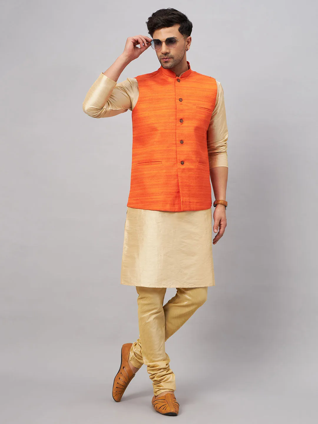 VM BY VASTRAMAY Men's Orange Jacket With Gold Kurta And Pyjama Set