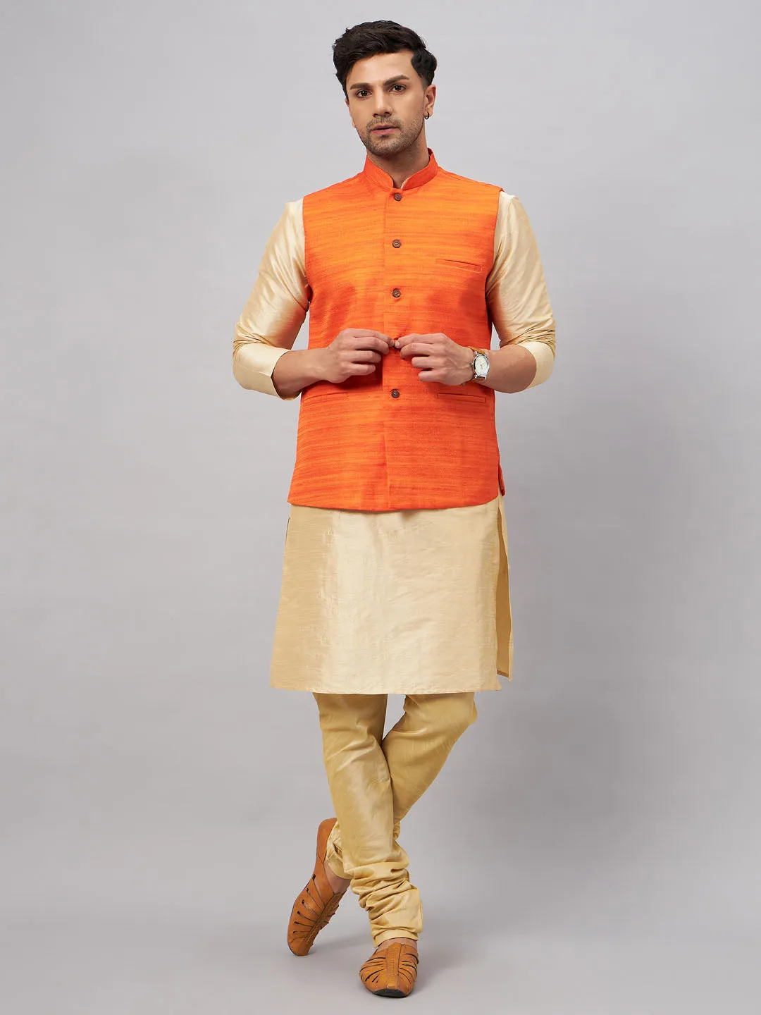 VM BY VASTRAMAY Men's Orange Jacket With Gold Kurta And Pyjama Set