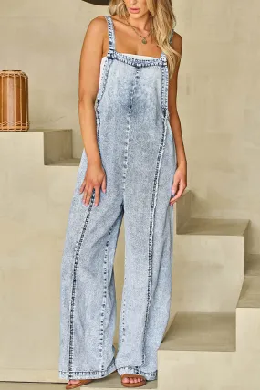 Wash Frayed Wide Leg Denim Jumpsuits