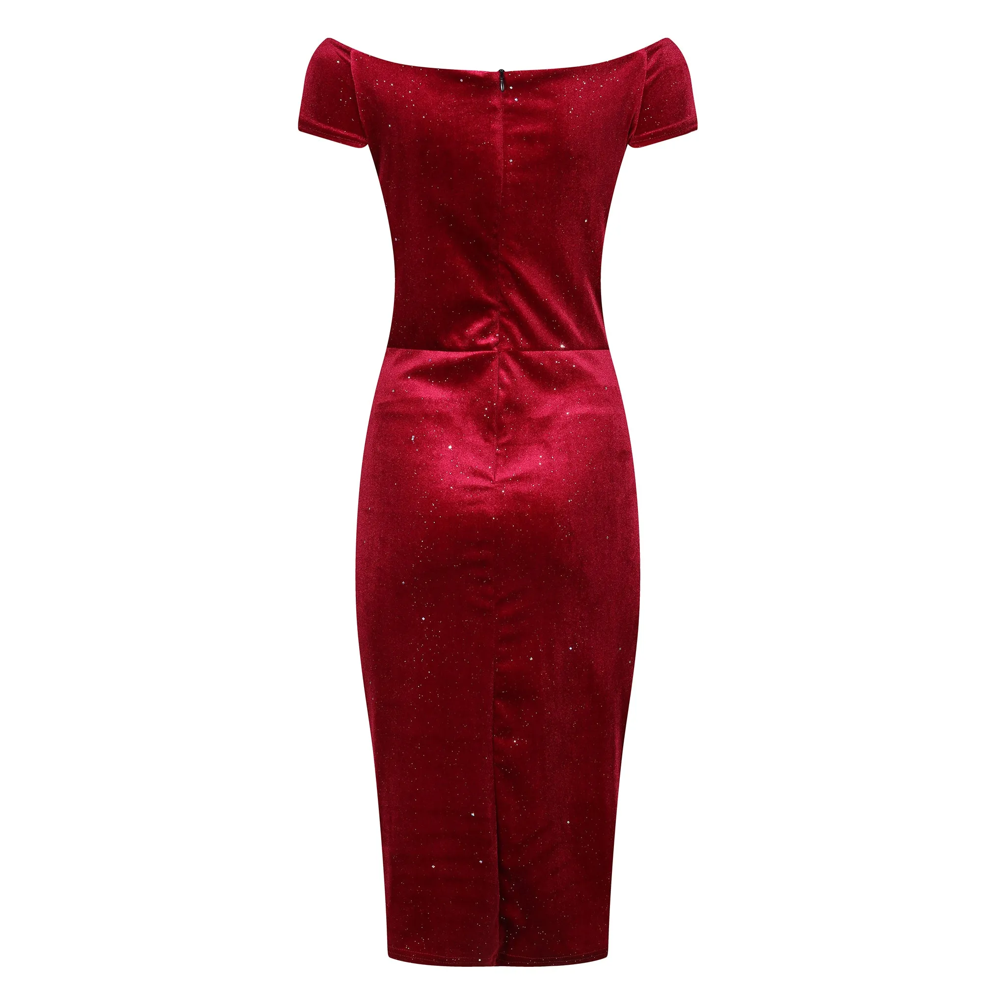 Wine Red Velour Sparkle Cap Sleeve Crossover Top Bardot Wiggle Dress