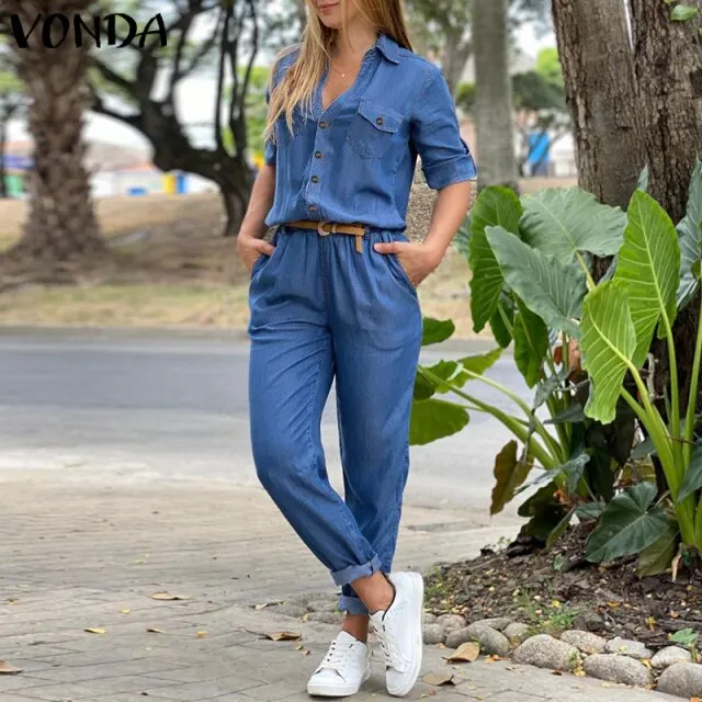 Women Long Jumpsuit Spring Autumn Denim Playsuits Ladies Pantalon Loose Long Sleeve Lapel Button Up Office Overalls