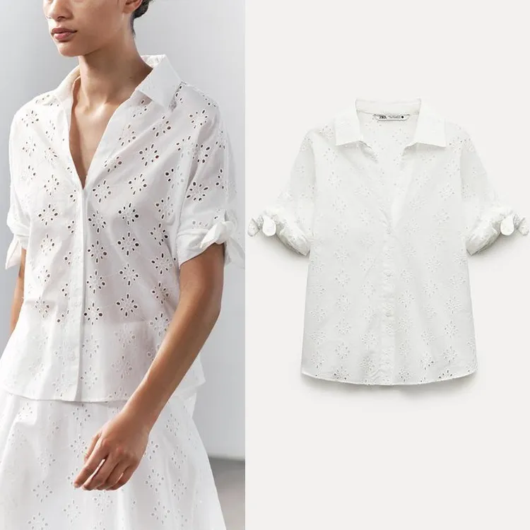 ZARA  |Cotton Short Sleeves Office Style Elegant Style