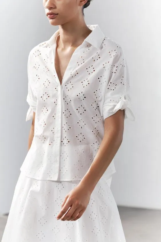 ZARA  |Cotton Short Sleeves Office Style Elegant Style