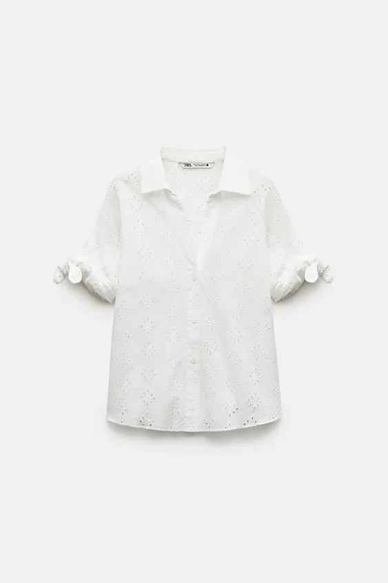 ZARA  |Cotton Short Sleeves Office Style Elegant Style